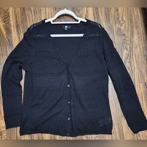 FRYE XL Black Cardigan 100% Cotton Scalloped Button Down Pointed Long Sleeve